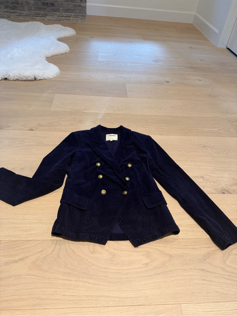 L'AGENCE Navy Double-Breasted Corduroy Blazer with Gold Buttons